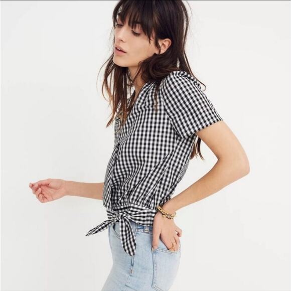 Madewell V Neck Short Sleeve Faux Wrap Front Tie Gingham Top Size XS - Picture 5 of 15